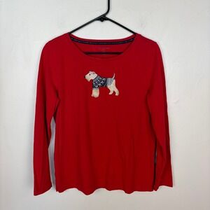 Talbots Embroidered Schnauzer Christmas T-Shirt Red Long Sleeve Festive Size MP